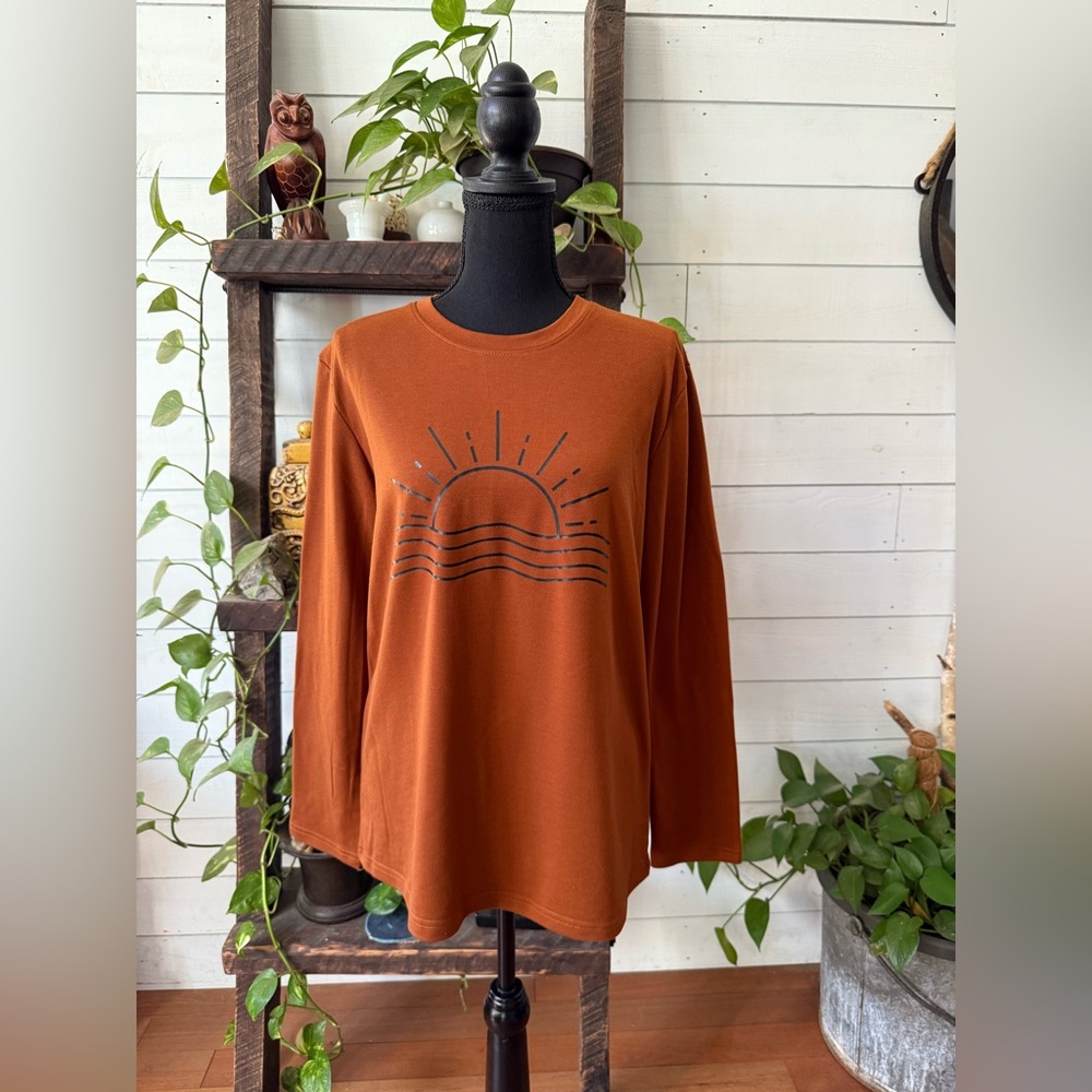 Rust Orange Long Sleeve Shirt with Sun Graphic